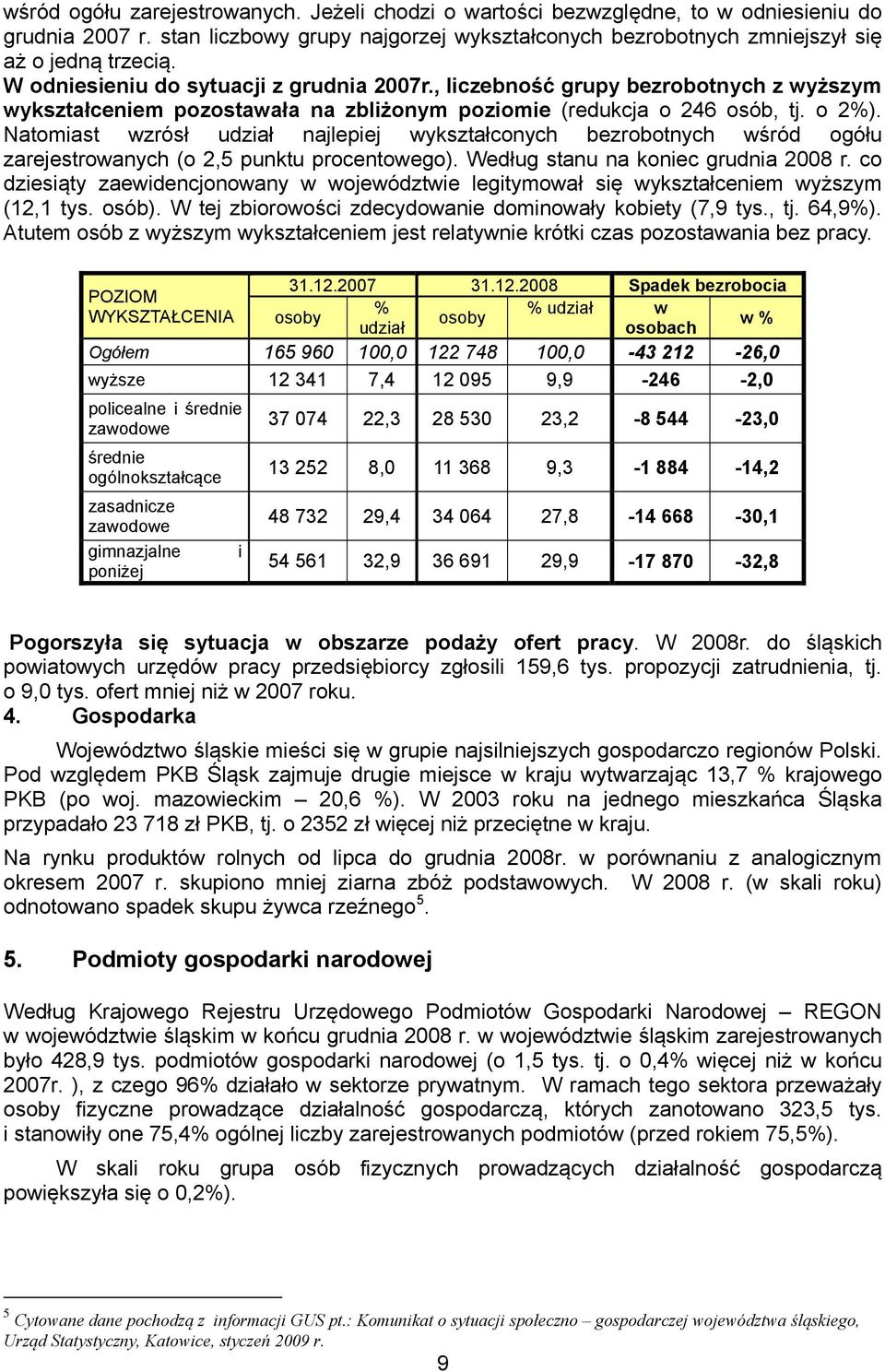 Natomiast wzrósł udział najlepiej wykształconych bezrobotnych wśród ogółu zarejestrowanych (o 2,5 punktu procentowego). Według stanu na koniec grudnia 2008 r.