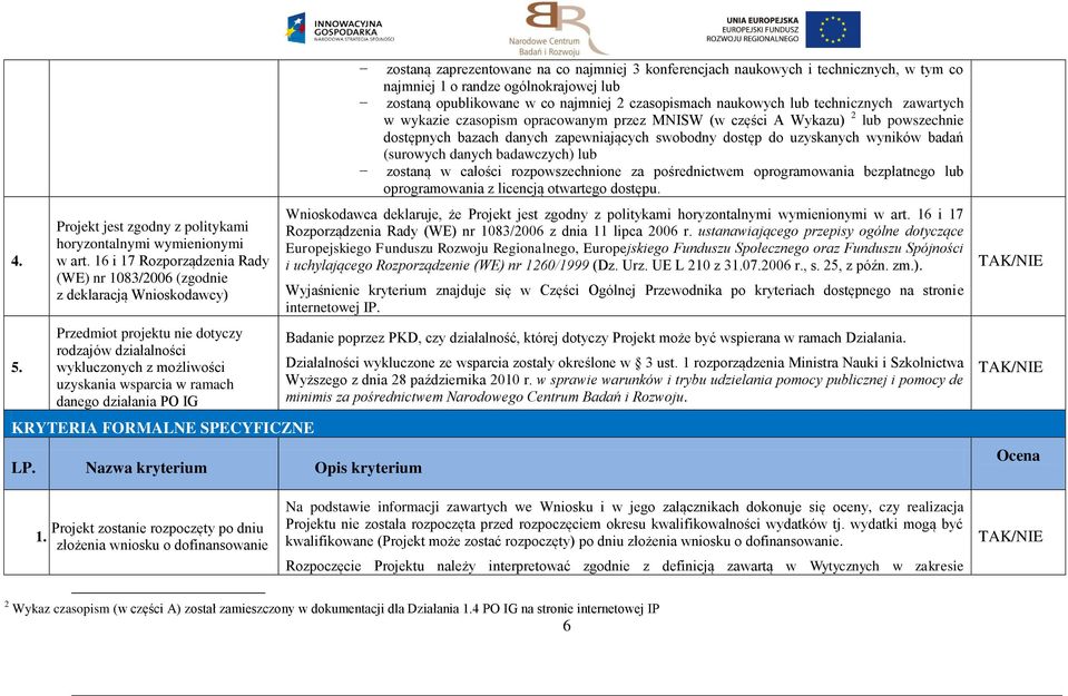 działania PO IG KRYTERIA FORMALNE SPECYFICZNE LP.