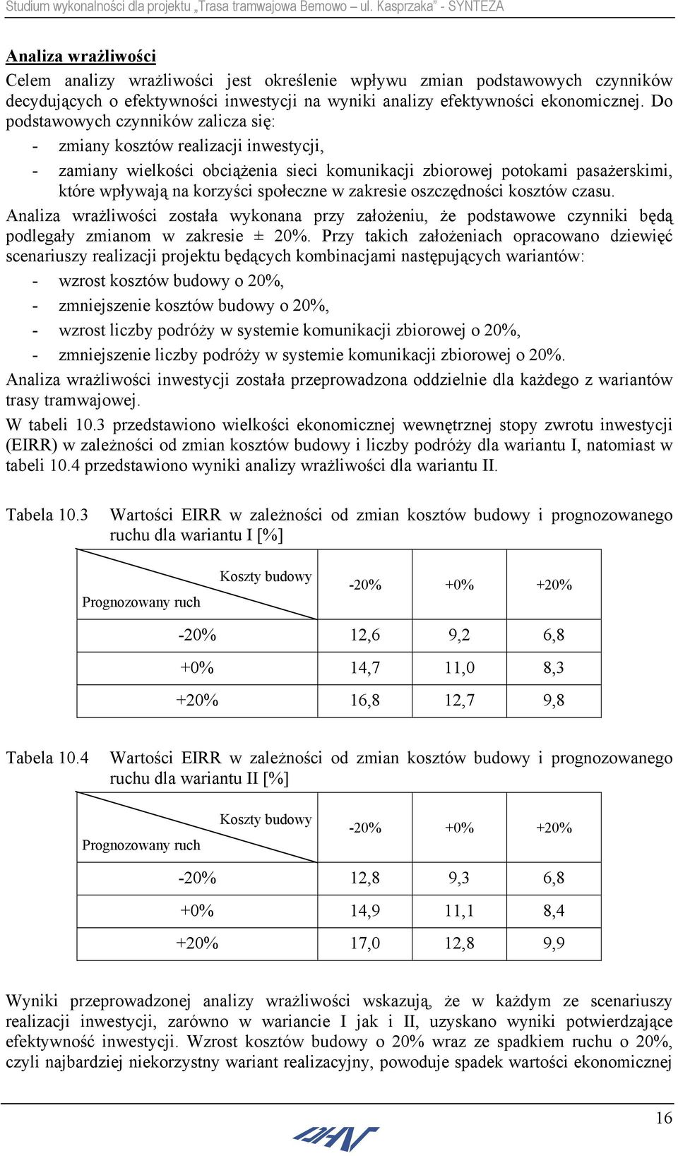 zakresie oszczędności kosztów czasu. Analiza wrażliwości została wykonana przy założeniu, że podstawowe czynniki będą podlegały zmianom w zakresie ± 20%.