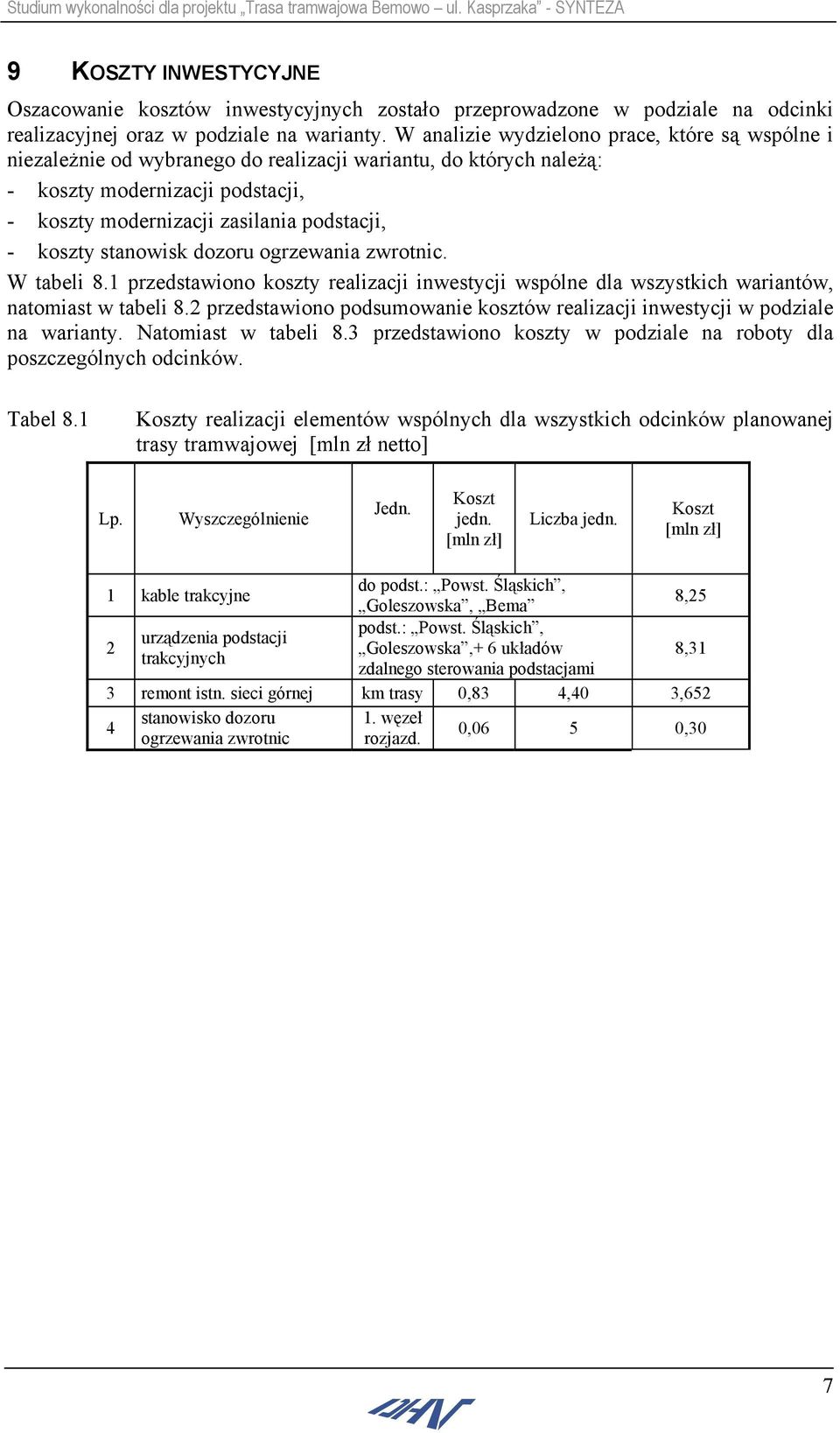 koszty stanowisk dozoru ogrzewania zwrotnic. W tabeli 8.1 przedstawiono koszty realizacji inwestycji wspólne dla wszystkich wariantów, natomiast w tabeli 8.