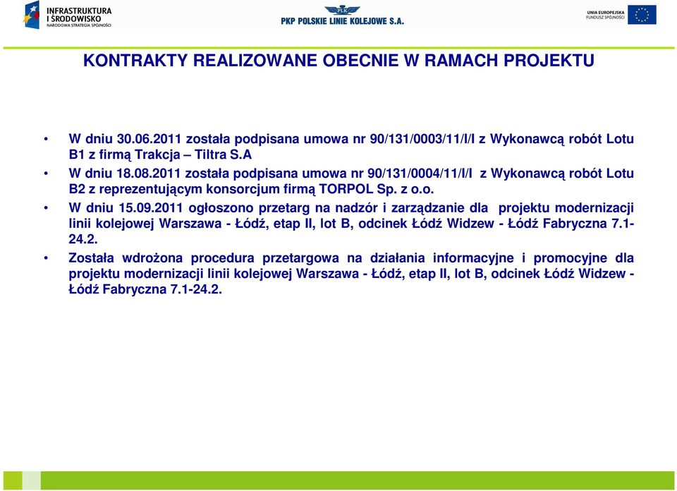 2011 ogłoszono przetarg na nadzór i zarządzanie dla projektu modernizacji linii kolejowej Warszawa - Łódź, etap II, lot B, odcinek Łódź Widzew - Łódź Fabryczna 7.1-24.2.