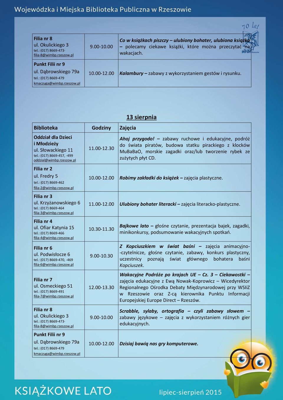 Filia nr 2 ul. Fredry 5 tel.: (017) 8669-462 filia-2@wimbp.rzeszow.pl Robimy zakładki do książek zajęcia plastyczne. Ulubiony bohater literacki zajęcia literacko-plastyczne. Filia nr 7 ul.