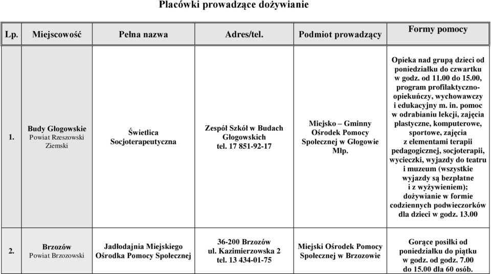 Opieka nad grupą dzieci od poniedziałku do czwartku w godz. od 11.00 do 15.00, program profilaktycznoopiekuńczy, wychowawczy i edukacyjny m. in.