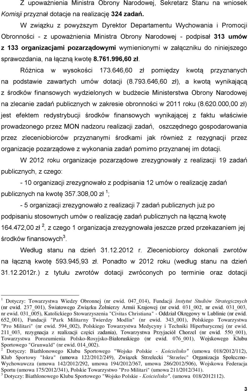 do niniejszego sprawozdania, na łączną kwotę 8.761.996,60 zł. Różnica w wysokości 173.646,60 zł pomiędzy kwotą przyznanych na podstawie zawartych umów dotacji (8.793.