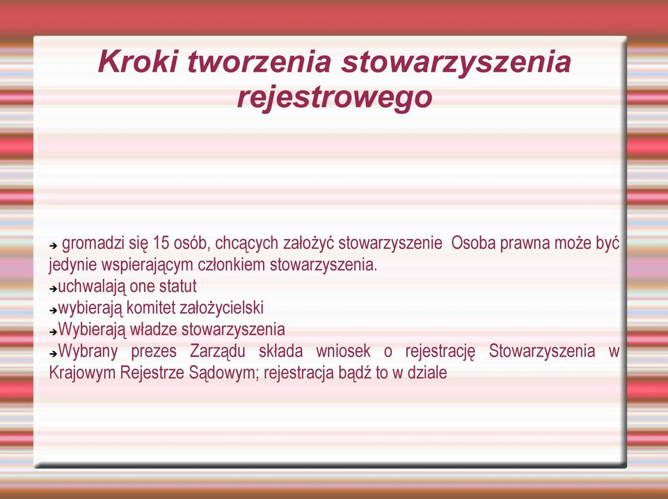 uchwalają one statut wybierają komitet założycielski Wybierają władze stowarzyszenia Wybrany