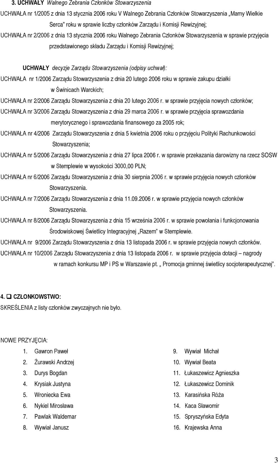 Zarządu Stowarzyszenia (odpisy uchwał): UCHWAŁA nr 1/2006 Zarządu Stowarzyszenia z dnia 20 lutego 2006 roku w sprawie zakupu działki w Świnicach Warckich; UCHWAŁA nr 2/2006 Zarządu Stowarzyszenia z