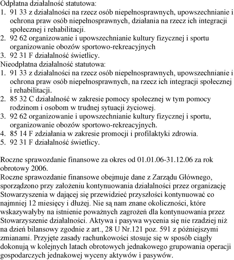 92 62 organizowanie i upowszechnianie kultury fizycznej i sportu organizowanie obozów sportowo-rekreacyjnych 3. 92 31 F działalność świetlicy. Nieodpłatna działalność statutowa: 1.