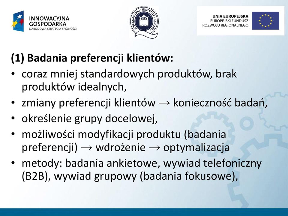 docelowej, możliwości modyfikacji produktu (badania preferencji) wdrożenie