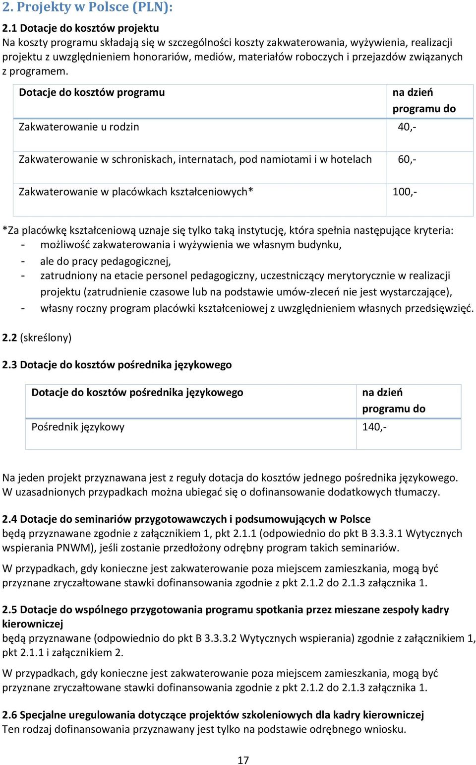 przejazdów związanych z programem. Dotacje do kosztów programu 1.1.4 Zakwaterowanie u rodzin 40,- na dzień programu do 1.1.5 Zakwaterowanie w schroniskach, internatach, pod namiotami i w hotelach 60,- 1.