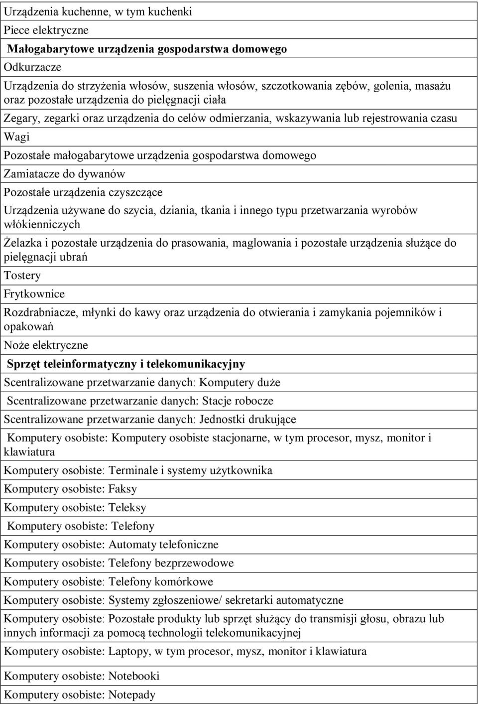 czyszczące Urządzenia używane do szycia, dziania, tkania i innego typu przetwarzania wyrobów włókienniczych Żelazka i pozostałe urządzenia do prasowania, maglowania i pozostałe urządzenia służące do