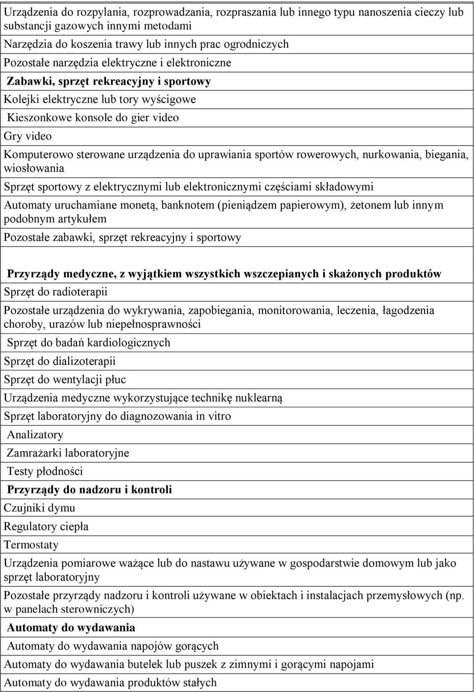 uprawiania sportów rowerowych, nurkowania, biegania, wiosłowania Sprzęt sportowy z elektrycznymi lub elektronicznymi częściami składowymi Automaty uruchamiane monetą, banknotem (pieniądzem