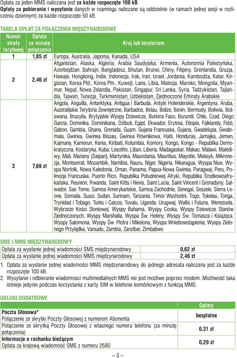 TABELA OPŁAT ZA POŁĄCZENIA MIĘDZYNARODOWE Numer Opłata strefy za minutę t ar y f owej połączenia 1 1,85 zł Europa, Australia, Japonia, Kanada, USA 2 2,46 zł 3 7,69 zł Kraj lub terytorium Afganistan,