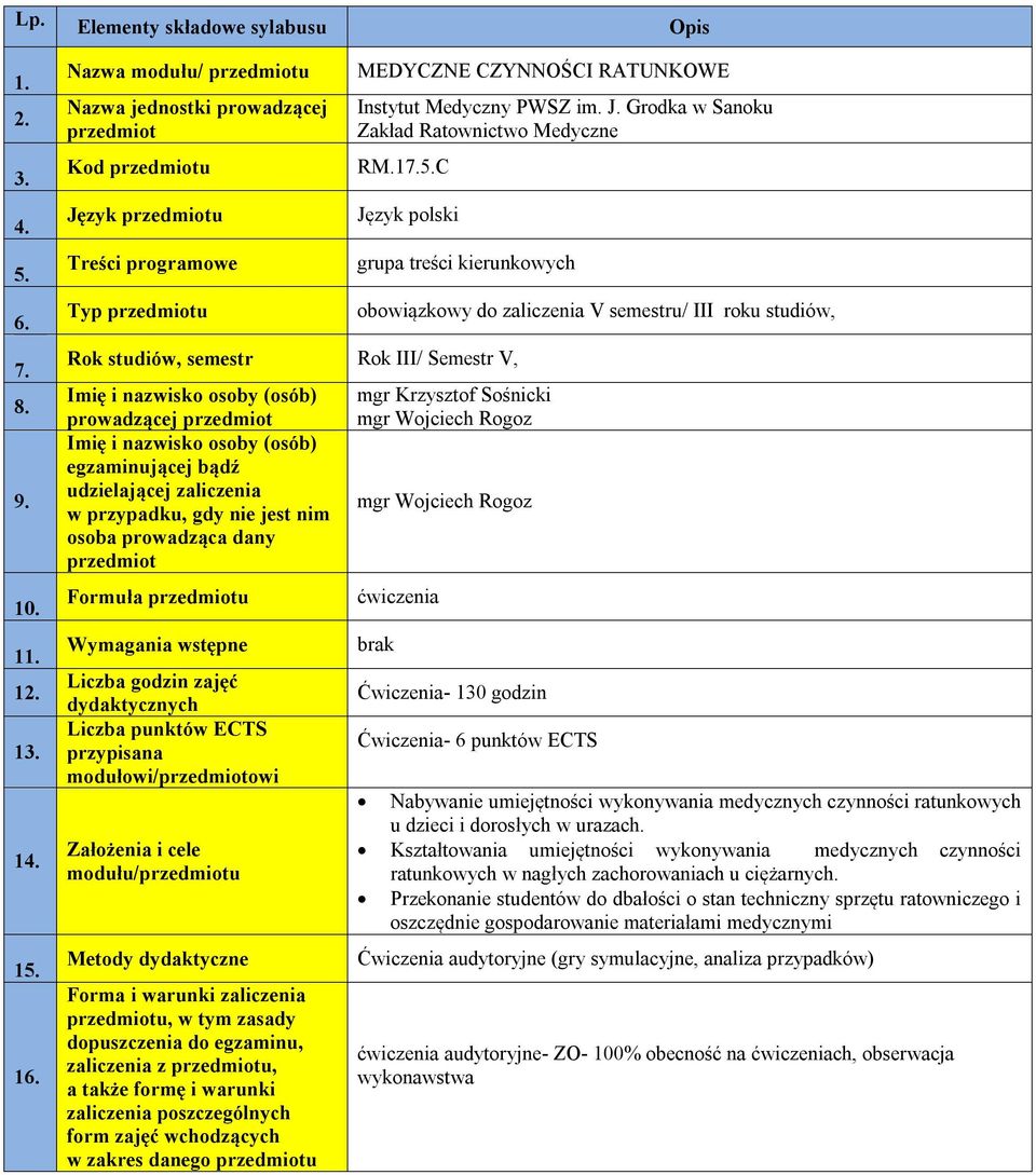 17.5.C Język polski grupa treści kierunkowych Rok studiów, semestr Rok III/ Semestr V, Imię i nazwisko osoby (osób) prowadzącej przedmiot Imię i nazwisko osoby (osób) egzaminującej bądź udzielającej