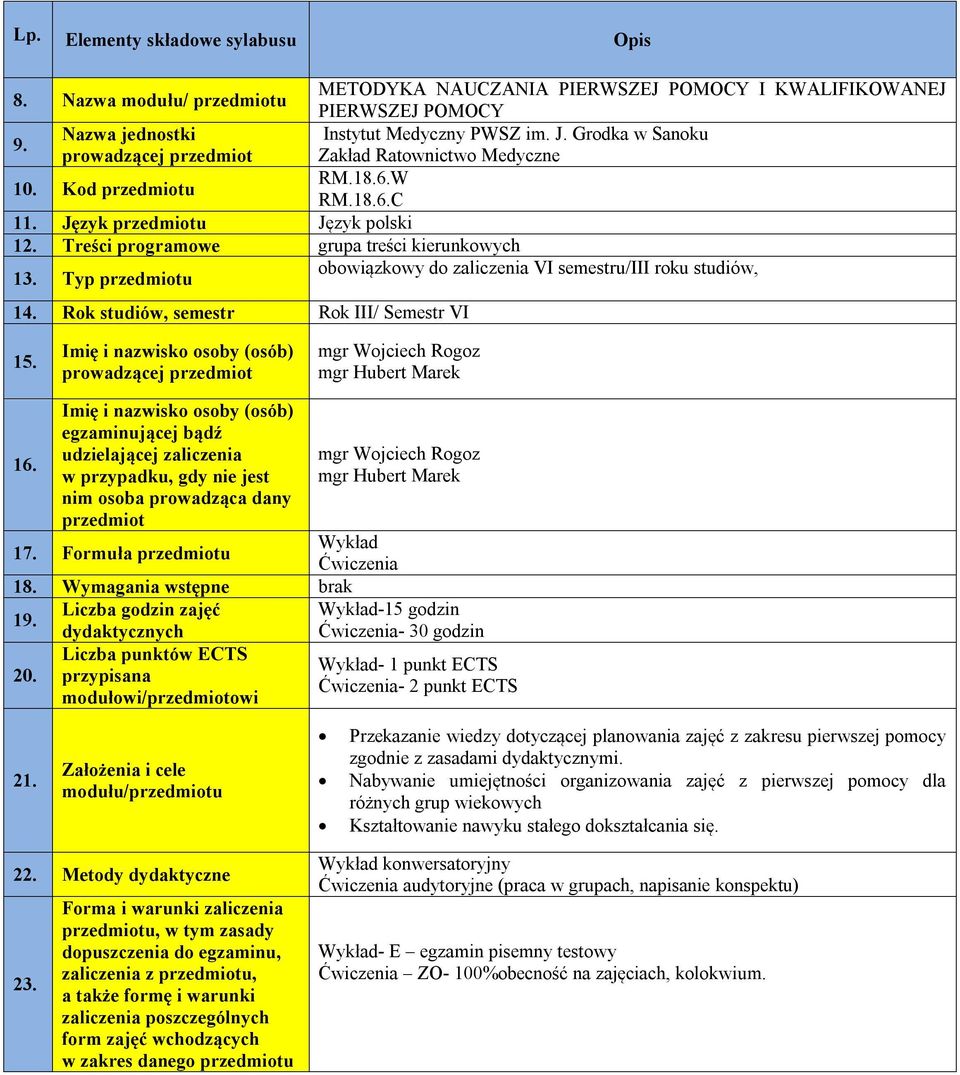 Typ przedmiotu obowiązkowy do zaliczenia VI semestru/iii roku studiów, 14. Rok studiów, semestr Rok III/ Semestr VI 15.