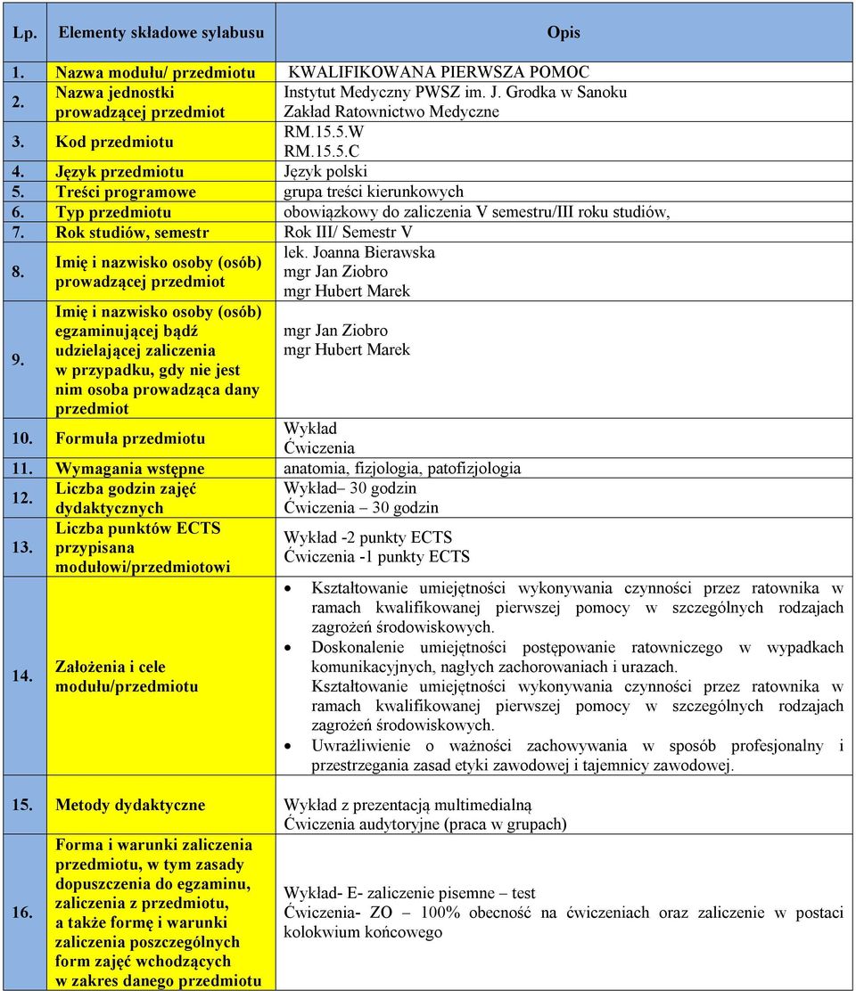 Typ przedmiotu obowiązkowy do zaliczenia V semestru/iii roku studiów, 7. Rok studiów, semestr Rok III/ Semestr V lek. Joanna Bierawska Imię i nazwisko osoby (osób) 8.