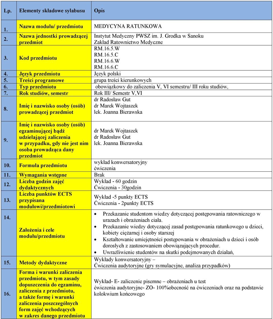 Typ przedmiotu obowiązkowy do zaliczenia V, VI semestru/ III roku studiów, 7. Rok studiów, semestr Rok III/ Semestr V,VI 8. 9.