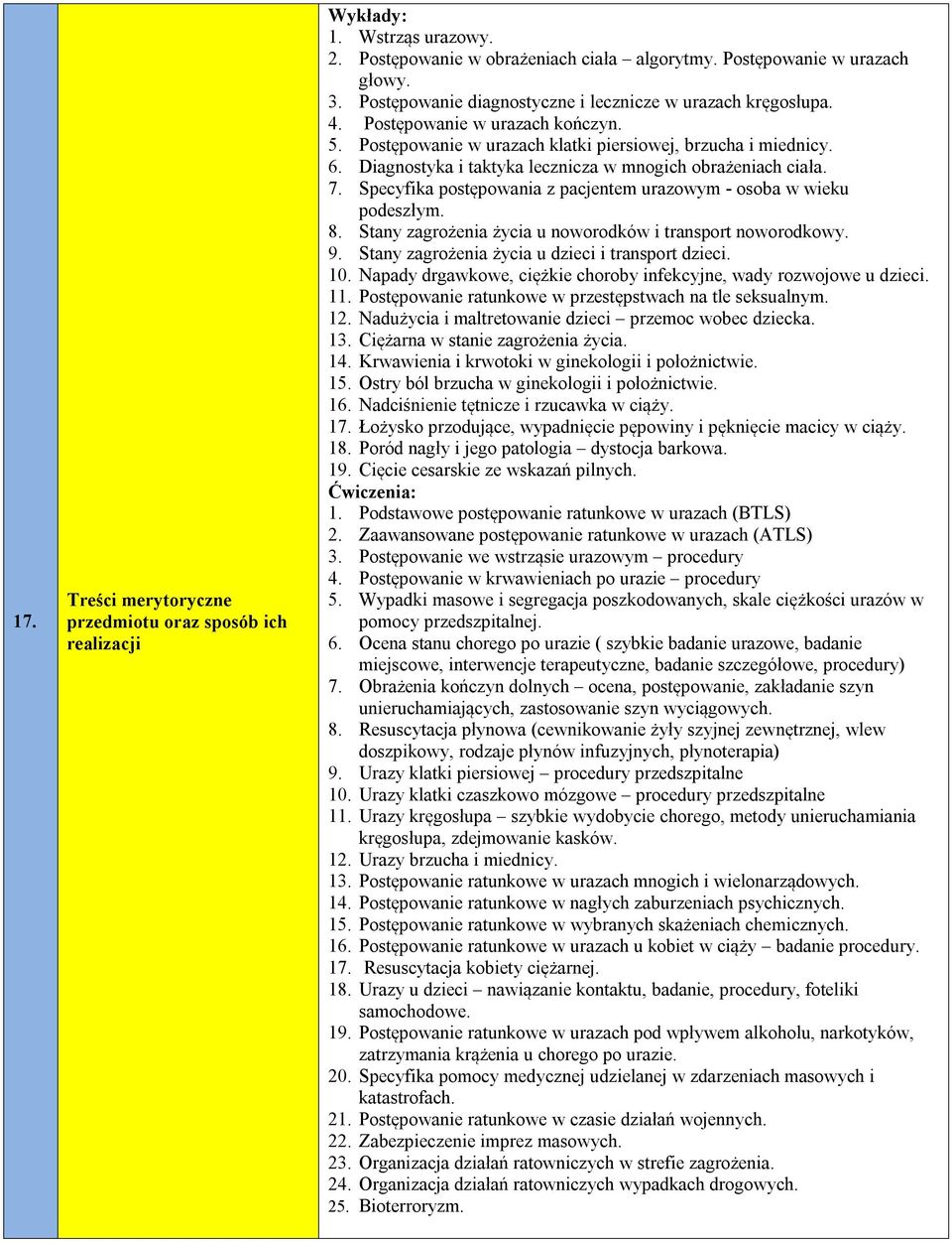 Diagnostyka i taktyka lecznicza w mnogich obrażeniach ciała. 7. Specyfika postępowania z pacjentem urazowym - osoba w wieku podeszłym. 8. Stany zagrożenia życia u noworodków i transport noworodkowy.