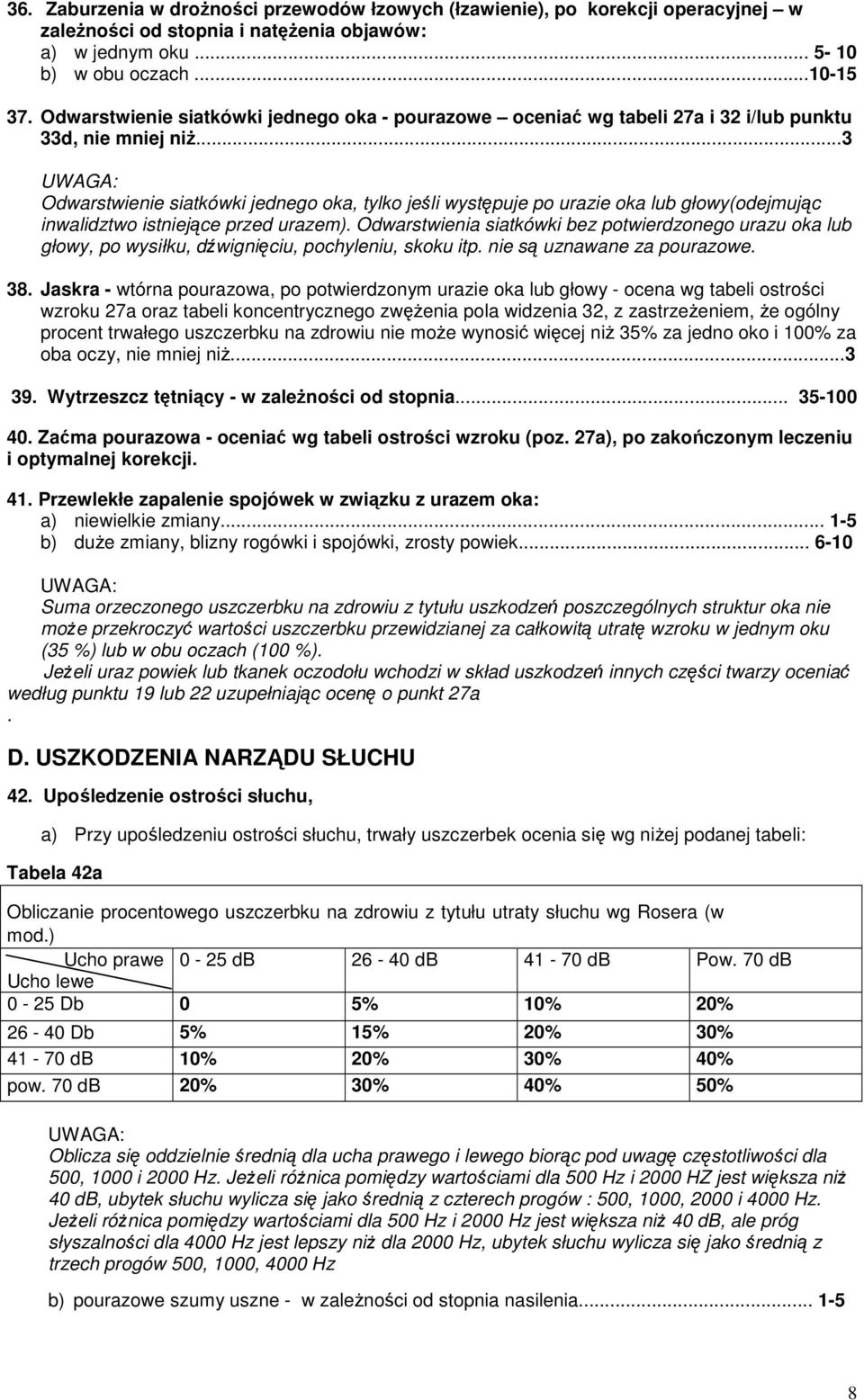 ..3 Odwarstwienie siatkówki jednego oka, tylko jeśli występuje po urazie oka lub głowy(odejmując inwalidztwo istniejące przed urazem).