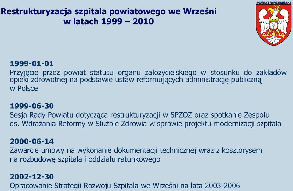 ds. Wdrażania Reformy w Służbie Zdrowia w sprawie projektu modernizacji szpitala 2000-06-14 Zawarcie umowy na wykonanie dokumentacji