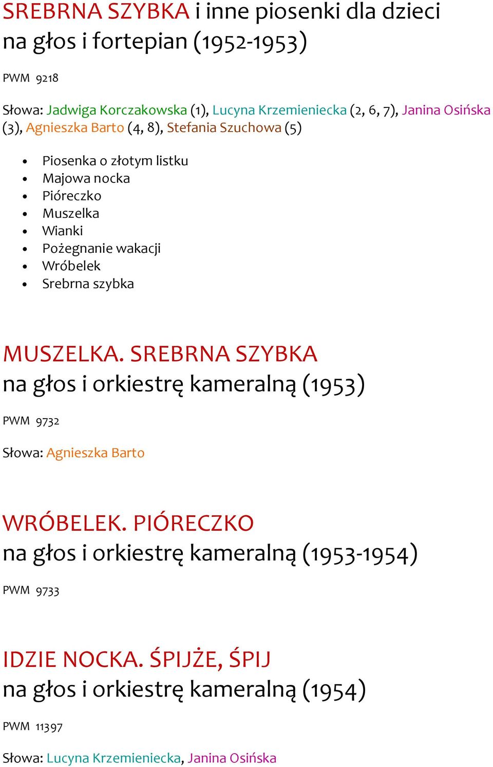 Wróbelek Srebrna szybka MUSZELKA. SREBRNA SZYBKA na głos i orkiestrę kameralną (1953) PWM 9732 Słowa: Agnieszka Barto WRÓBELEK.