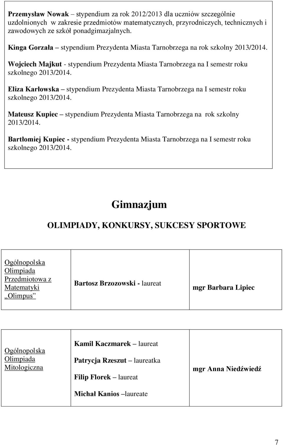 Eliza Karłowska stypendium Prezydenta Miasta Tarnobrzega na I semestr roku szkolnego 2013/2014. Mateusz Kupiec stypendium Prezydenta Miasta Tarnobrzega na rok szkolny 2013/2014.