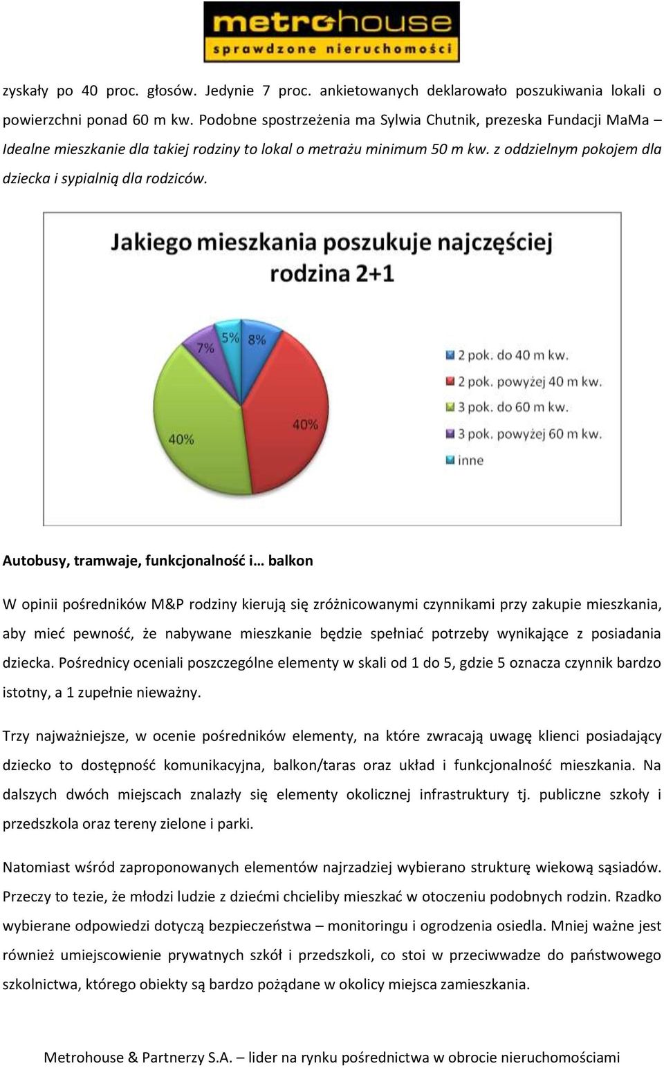 Autobusy, tramwaje, funkcjonalnośd i balkon W opinii pośredników M&P rodziny kierują się zróżnicowanymi czynnikami przy zakupie mieszkania, aby mied pewnośd, że nabywane mieszkanie będzie spełniad