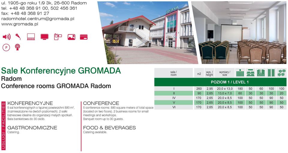 pl Sale GROMADA Radom rooms GROMADA Radom 5 sal konferencyjnych o łącznej powierzchni 890 m 2, (rozmieszczone na dwóch poziomach).