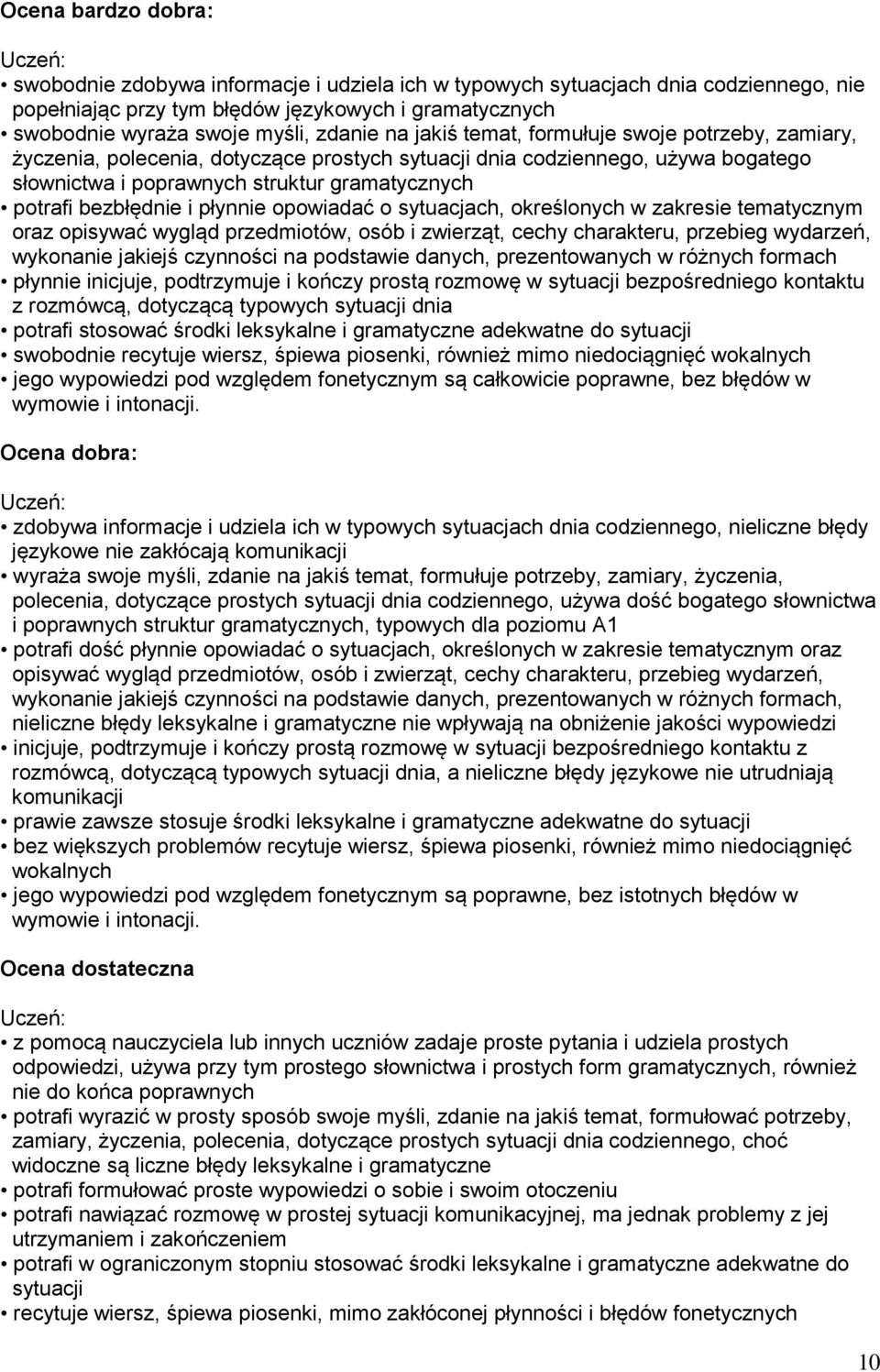 i płynnie opowiadać o sytuacjach, określonych w zakresie tematycznym oraz opisywać wygląd przedmiotów, osób i zwierząt, cechy charakteru, przebieg wydarzeń, wykonanie jakiejś czynności na podstawie