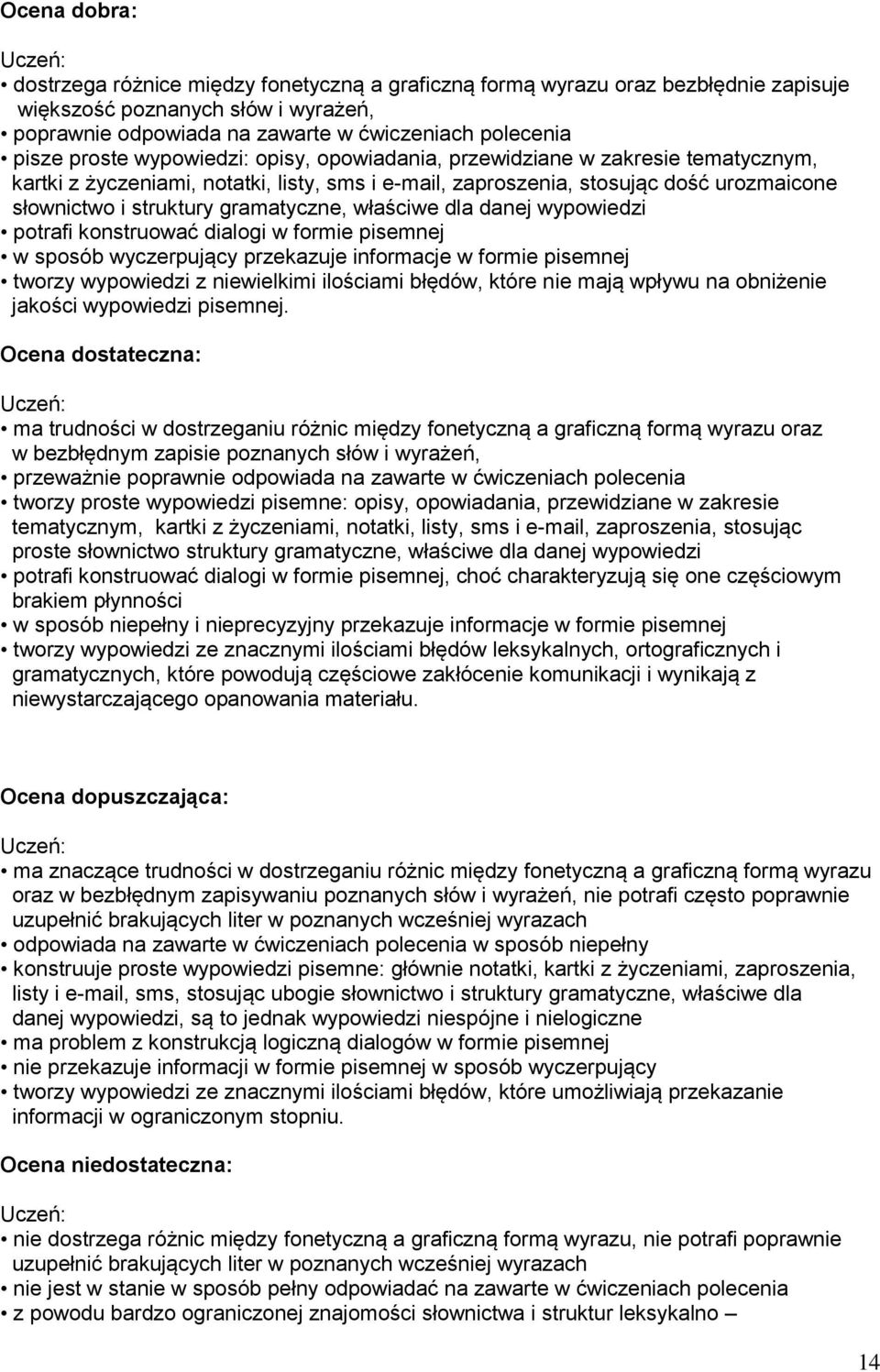 gramatyczne, właściwe dla danej wypowiedzi potrafi konstruować dialogi w formie pisemnej w sposób wyczerpujący przekazuje informacje w formie pisemnej tworzy wypowiedzi z niewielkimi ilościami