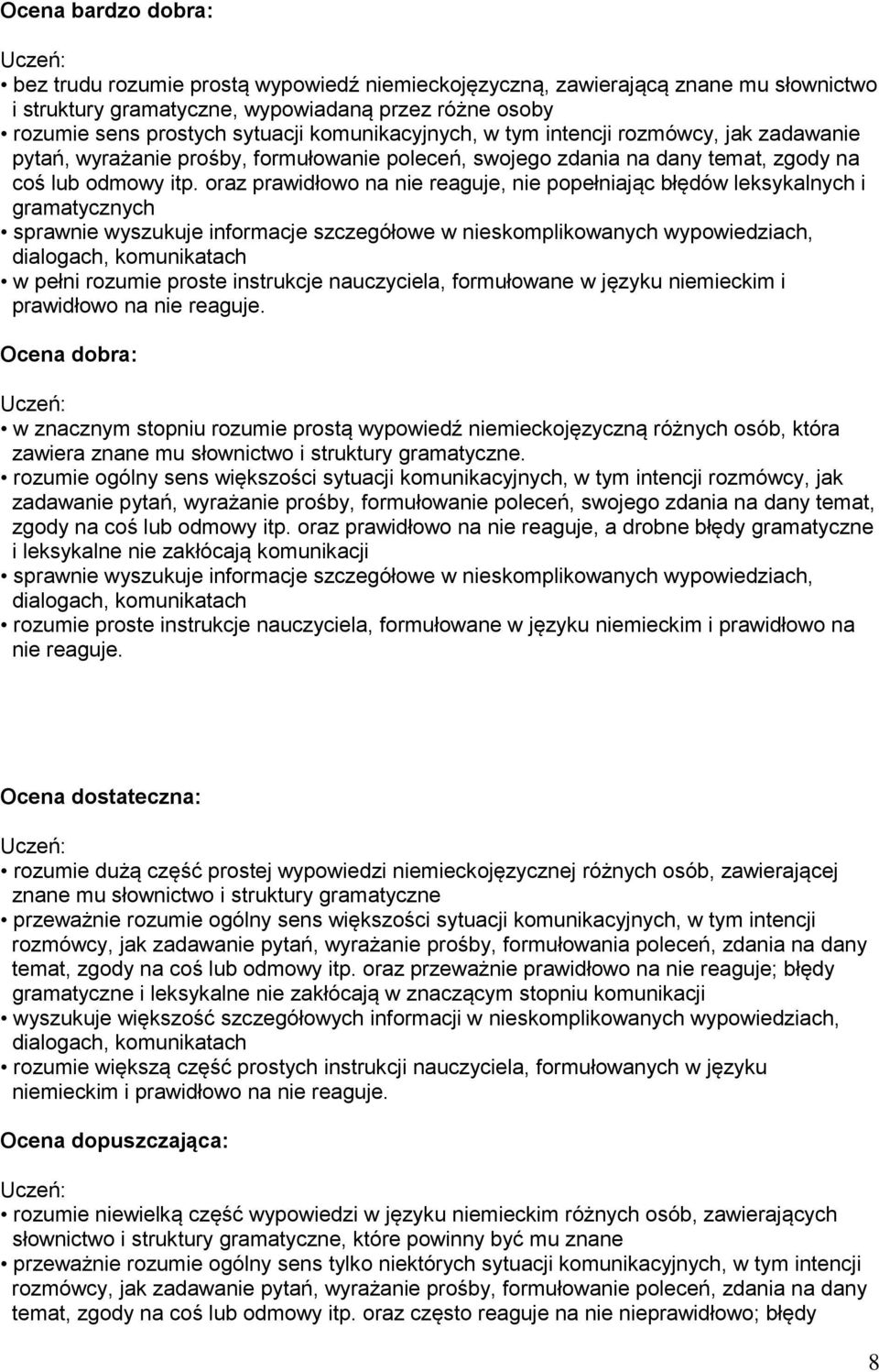 oraz prawidłowo na nie reaguje, nie popełniając błędów leksykalnych i gramatycznych sprawnie wyszukuje informacje szczegółowe w nieskomplikowanych wypowiedziach, dialogach, komunikatach w pełni