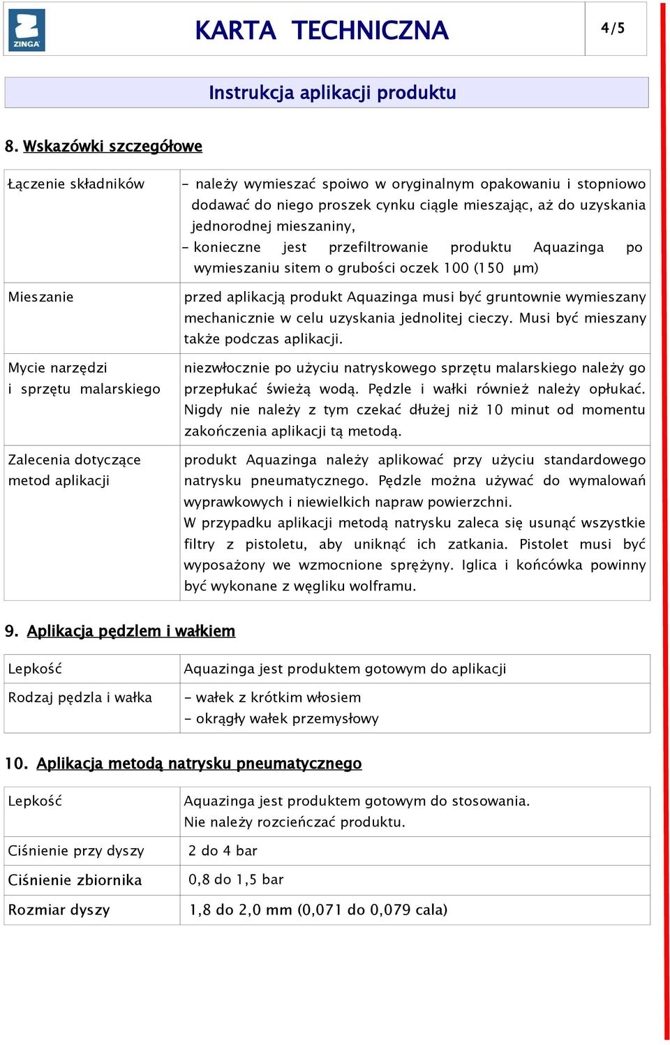 niego proszek cynku ciągle mieszając, aż do uzyskania jednorodnej mieszaniny, - konieczne jest przefiltrowanie produktu Aquazinga po wymieszaniu sitem o grubości oczek 100 (150 µm) przed aplikacją