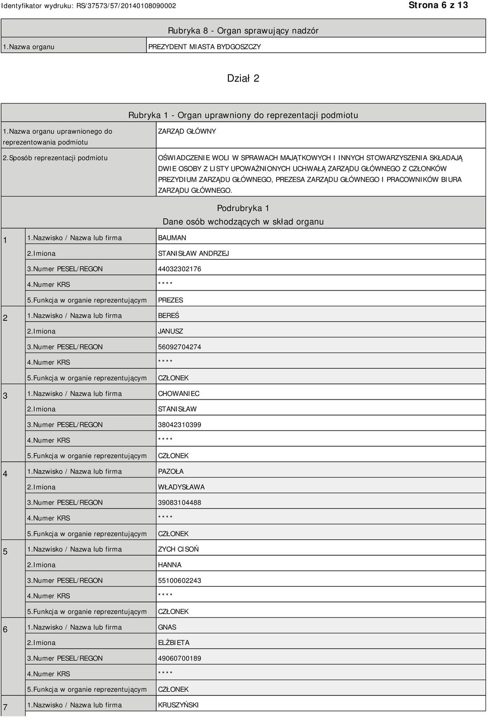 Sposób reprezentacji podmiotu ZARZĄD GŁÓWNY OŚWIADCZENIE WOLI W SPRAWACH MAJĄTKOWYCH I INNYCH STOWARZYSZENIA SKŁADAJĄ DWIE OSOBY Z LISTY UPOWAŻNIONYCH UCHWAŁĄ ZARZĄDU GŁÓWNEGO Z CZŁONKÓW PREZYDIUM