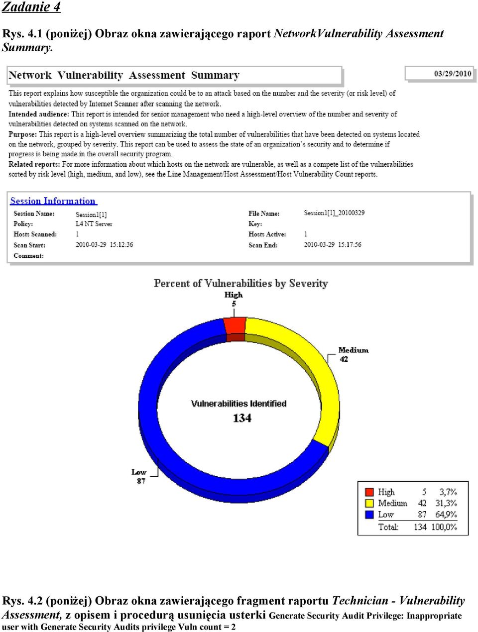 1 (poniżej) Obraz okna zawierającego raport NetworkVulnerability Assessment Summary.