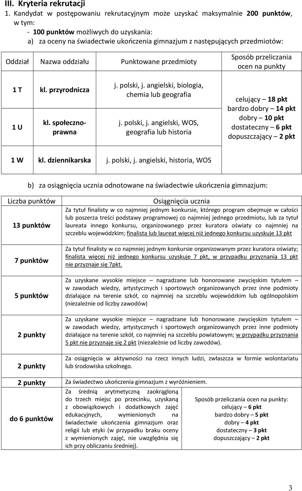 Oddział Nazwa oddziału 1 T kl. przyrodnicza 1 U kl. społecznoprawna Punktowane przedmioty j. polski, j.