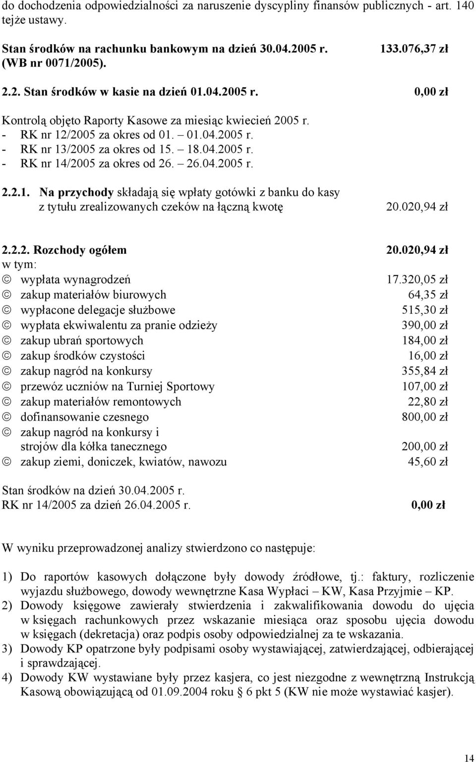 26.04.2005 r. 2.2.1. Na przychody składają się wpłaty gotówki z banku do kasy z tytułu zrealizowanych czeków na łączną kwotę 20.020,94 zł 2.2.2. Rozchody ogółem 20.