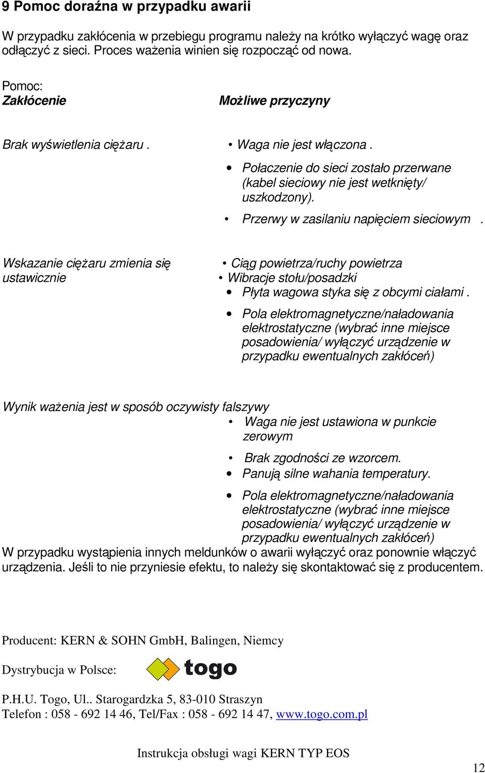 Przerwy w zasilaniu napięciem sieciowym. Wskazanie ciężaru zmienia się ustawicznie Ciąg powietrza/ruchy powietrza Wibracje stołu/posadzki Płyta wagowa styka się z obcymi ciałami.