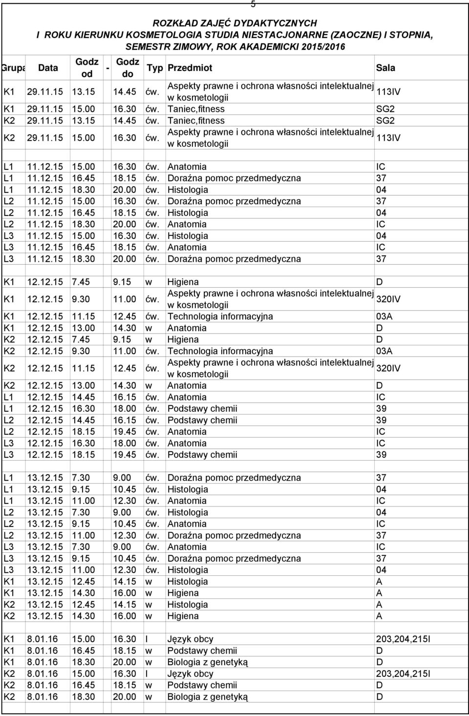 12.15 18.30 20.00 ćw. Histologia 04 L2 11.12.15 15.00 16.30 ćw. Doraźna pomoc przedmedyczna 37 L2 11.12.15 16.45 18.15 ćw. Histologia 04 L2 11.12.15 18.30 20.00 ćw. natomia IC L3 11.12.15 15.00 16.30 ćw. Histologia 04 L3 11.