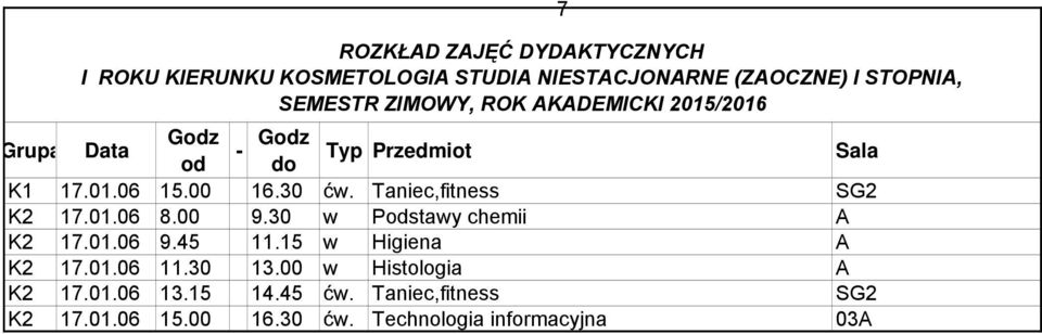 00 9.30 w Pstawy chemii K2 17.01.06 9.45 11.15 w Higiena K2 17.01.06 11.30 13.