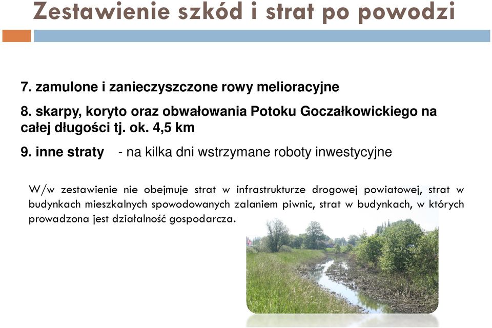 inne straty - na kilka dni wstrzymane roboty inwestycyjne W/w zestawienie nie obejmuje strat w infrastrukturze