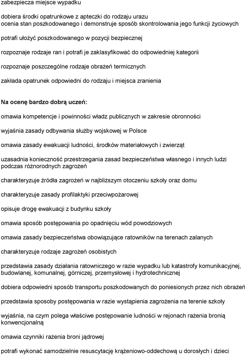 miejsca zranienia Na ocenę bardzo dobrą uczeń: omawia kompetencje i powinności władz publicznych w zakresie obronności wyjaśnia zasady odbywania służby wojskowej w Polsce omawia zasady ewakuacji