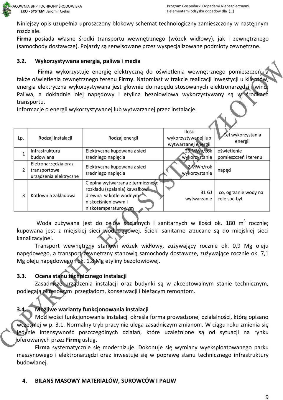 Wykorzystywana energia, paliwa i media Firma wykorzystuje energię elektryczną do oświetlenia wewnętrznego pomieszczeń, a także oświetlenia zewnętrznego terenu Firmy.