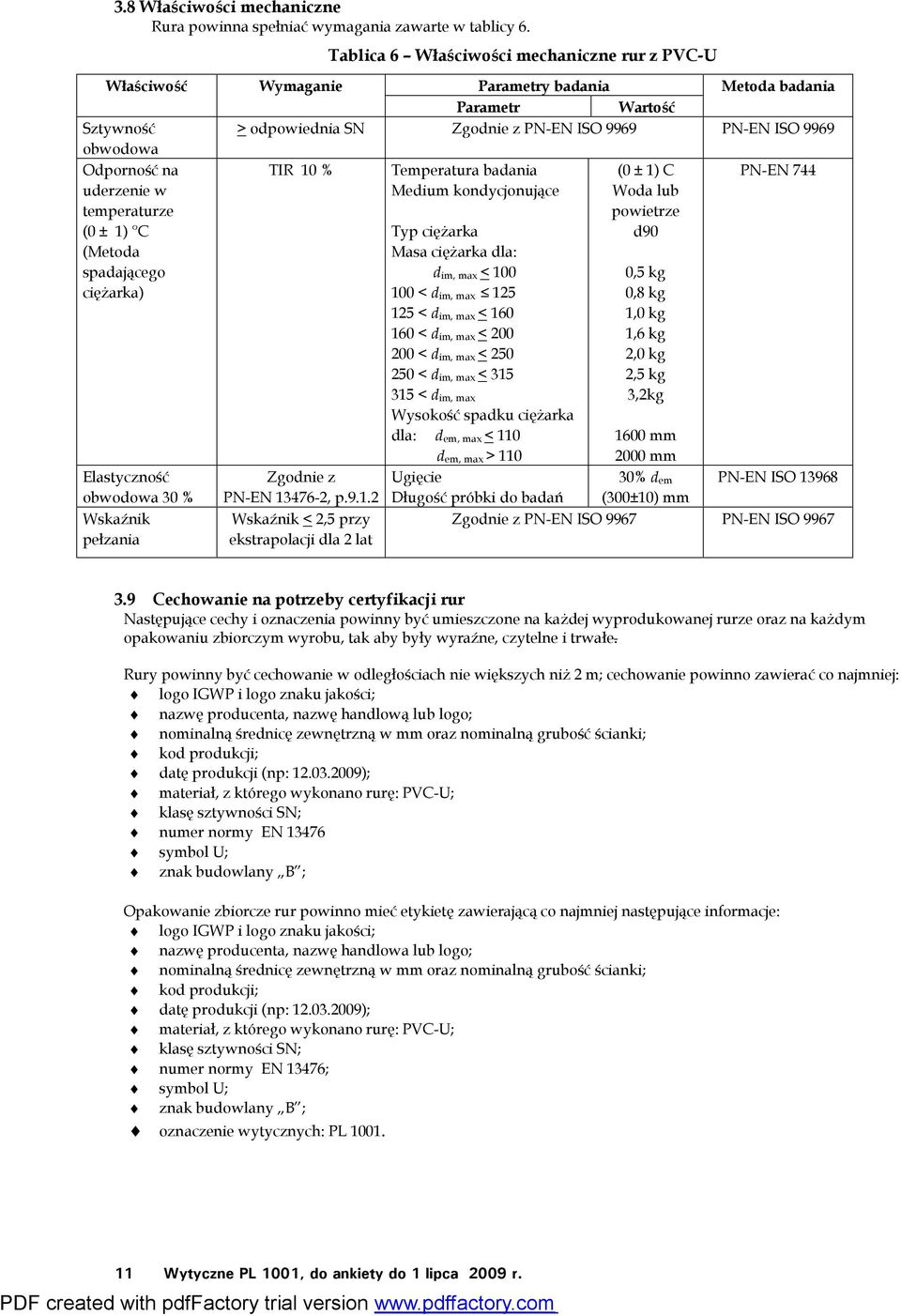 Wymaganie Parametry badania Metoda badania Parametr Wartość > odpowiednia SN Zgodnie z PN-EN ISO 9969 PN-EN ISO 9969 TIR 10