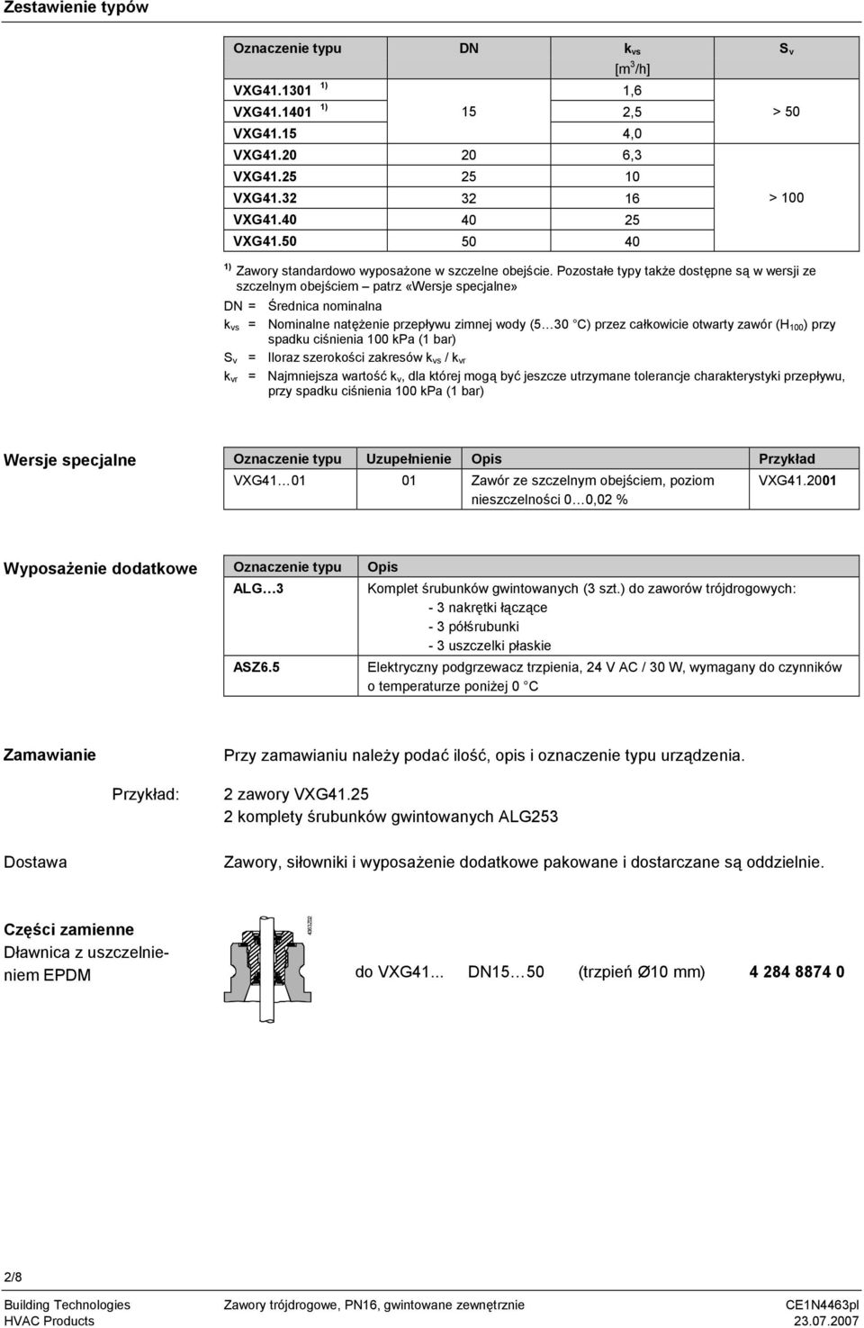 Pozostałe typy także dostępne są w wersji ze szczelnym obejściem patrz «Wersje specjalne» DN = Średnica nominalna k vs = Nominalne natęże przepływu zimnej wody (5 30 C) przez całkowicie otwarty zawór