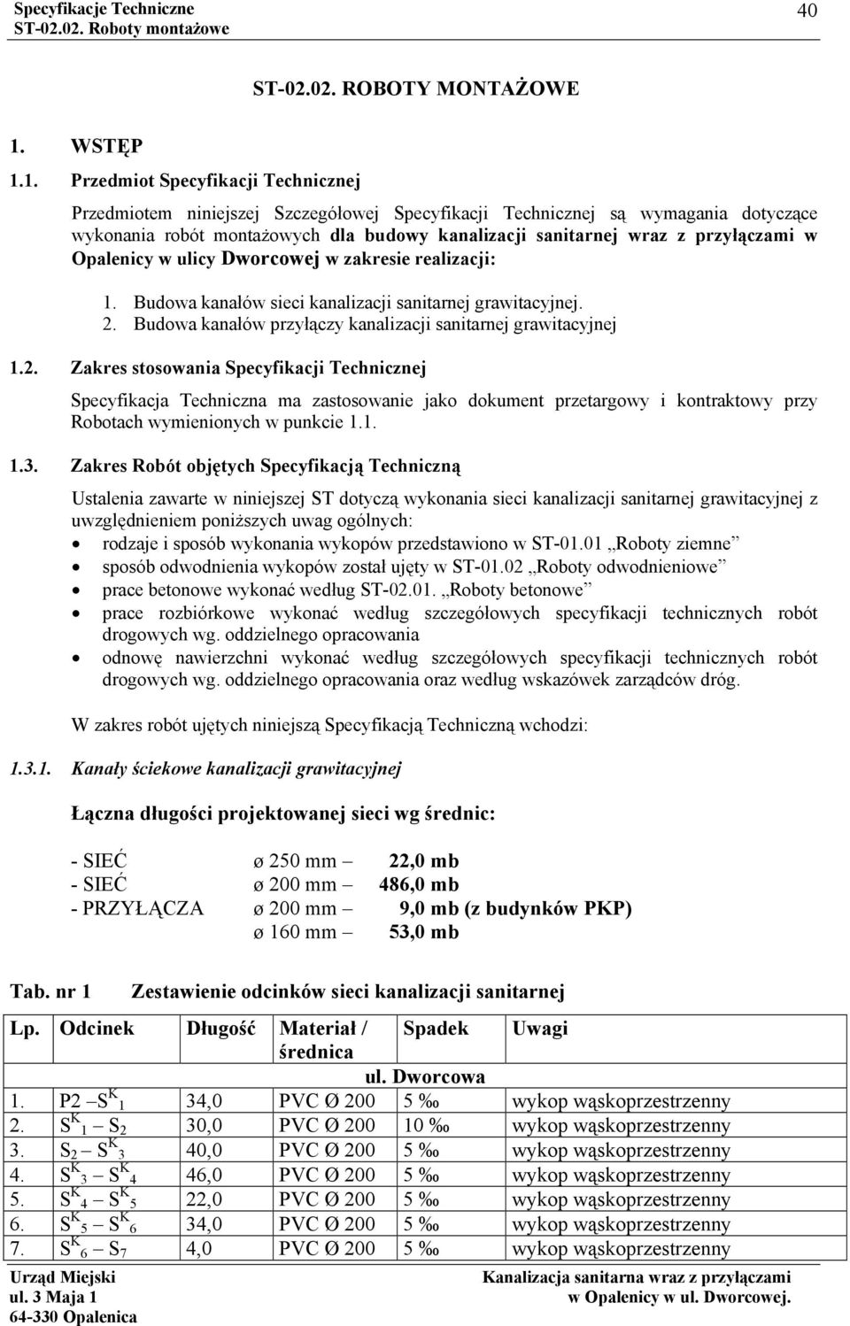 1. Przedmiot Specyfikacji Technicznej Przedmiotem niniejszej Szczegółowej Specyfikacji Technicznej są wymagania dotyczące wykonania robót montażowych dla budowy kanalizacji sanitarnej wraz z