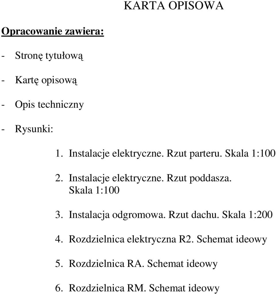 Skala 1:100 3. Instalacja odgromowa. Rzut dachu. Skala 1:200 4. Rozdzielnica elektryczna R2.