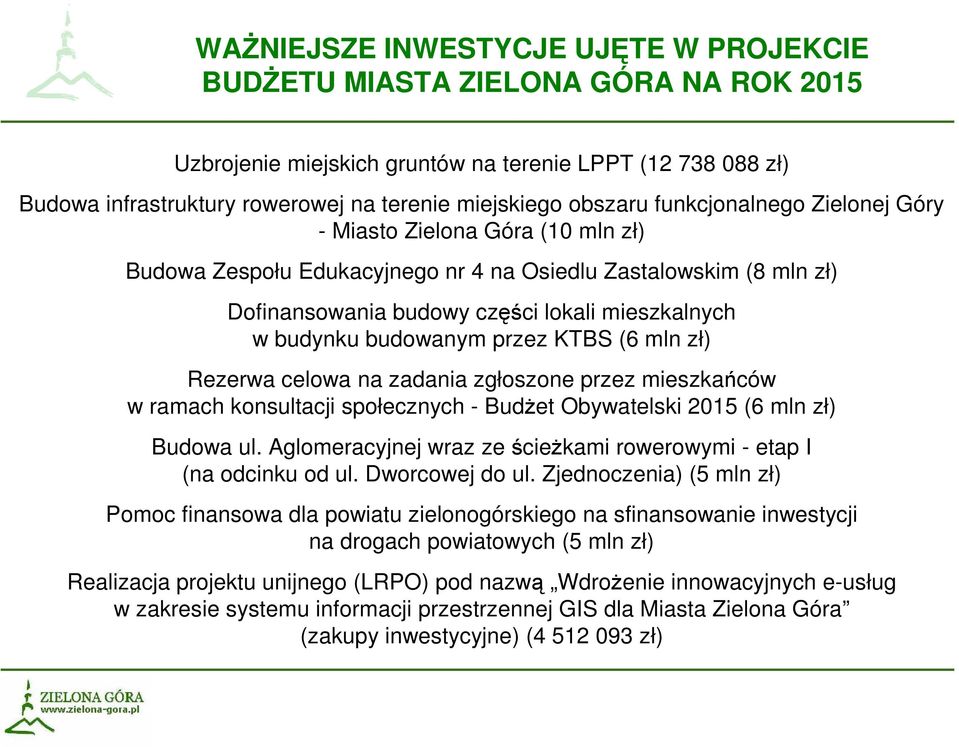 budowanym przez KTBS (6 mln zł) Rezerwa celowa na zadania zgłoszone przez mieszkańców w ramach konsultacji społecznych - BudŜet Obywatelski 2015 (6 mln zł) Budowa ul.