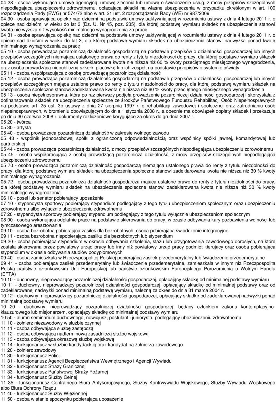 2 rozporządzenia Rady (WE) nr 987/2009 04 30 - osoba sprawująca opiekę nad dziećmi na podstawie umowy uaktywniającej w rozumieniu ustawy z dnia 4 lutego 2011 r.