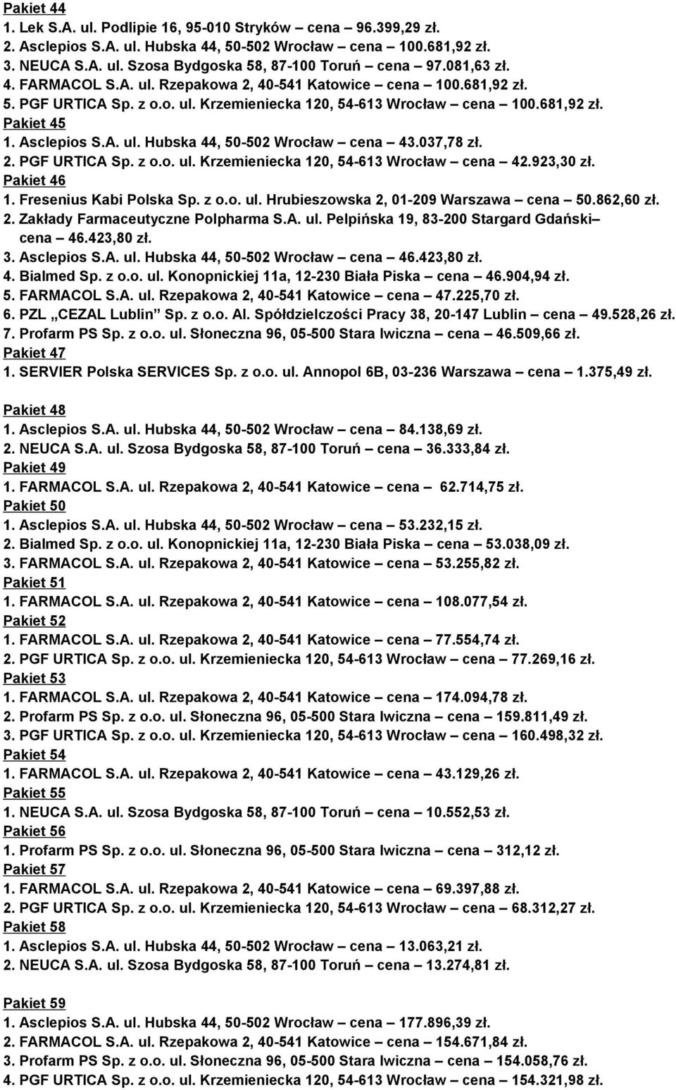 037,78 zł. 2. PGF URTICA Sp. z o.o. ul. Krzemieniecka 120, 54-613 Wrocław cena 42.923,30 zł. Pakiet 46 1. Fresenius Kabi Polska Sp. z o.o. ul. Hrubieszowska 2, 01-209 Warszawa cena 50.862,60 zł. 2. Zakłady Farmaceutyczne Polpharma S.