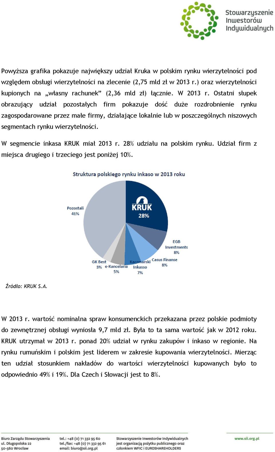 Ostatni słupek obrazujący udział pozostałych firm pokazuje dość duże rozdrobnienie rynku zagospodarowane przez małe firmy, działające lokalnie lub w poszczególnych niszowych segmentach rynku