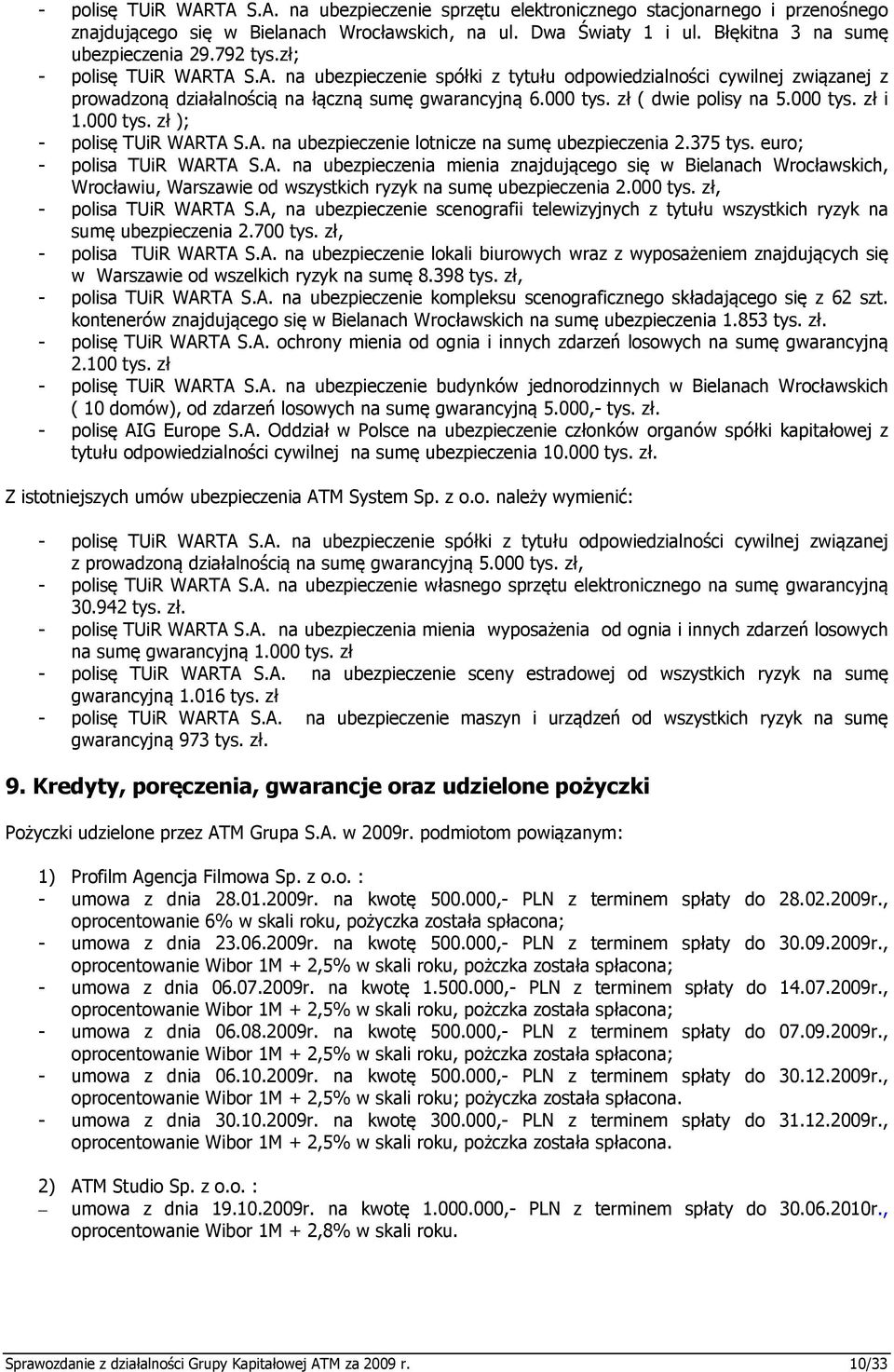 000 tys. zł i 1.000 tys. zł ); - polisę TUiR WARTA S.A. na ubezpieczenie lotnicze na sumę ubezpieczenia 2.375 tys. euro; - polisa TUiR WARTA S.A. na ubezpieczenia mienia znajdującego się w Bielanach Wrocławskich, Wrocławiu, Warszawie od wszystkich ryzyk na sumę ubezpieczenia 2.